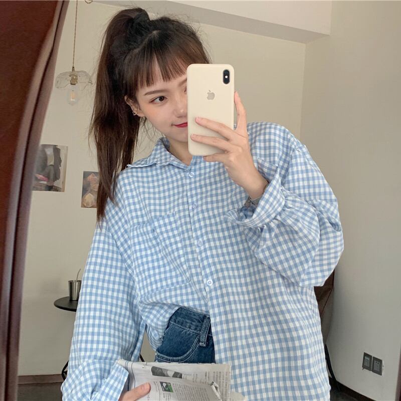 ブルー格子柄シャツ スプリングルーズ薄手ブラウス ロング 春物 萌量不足34316579037