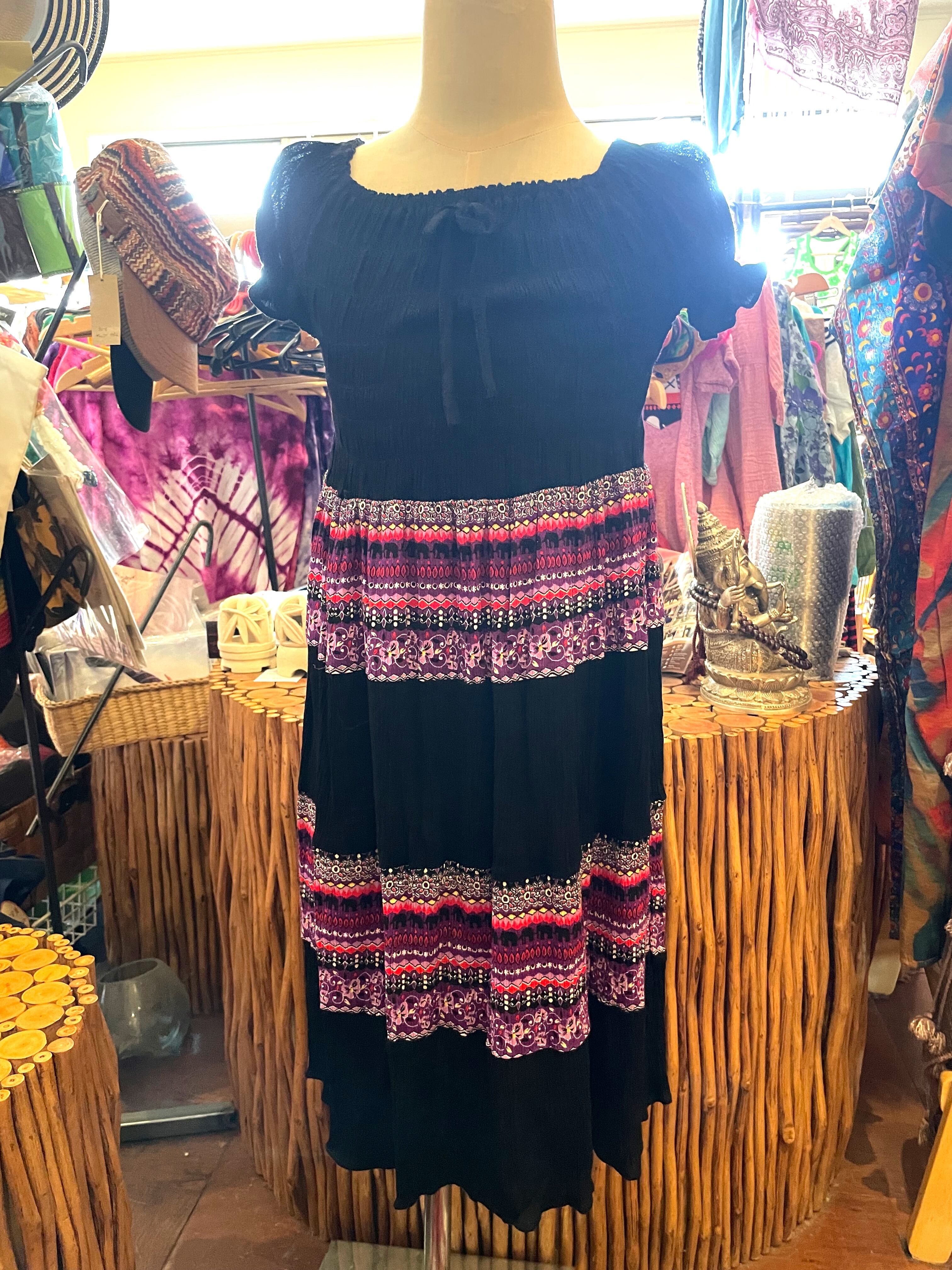 キッズワンピース キッズスカート チュニック 子供服 子供ワンピース ワンピース タイダイ パフスリーブワンピース リゾートワンピース キッズエスニックファッション エスニックファッション エスニック アジアン ブラック パープル ピンク*アジアン雑貨No.12 L