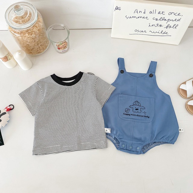 【セット】ストライプ半袖Tシャツパピーサロペットロンパースセット - 4