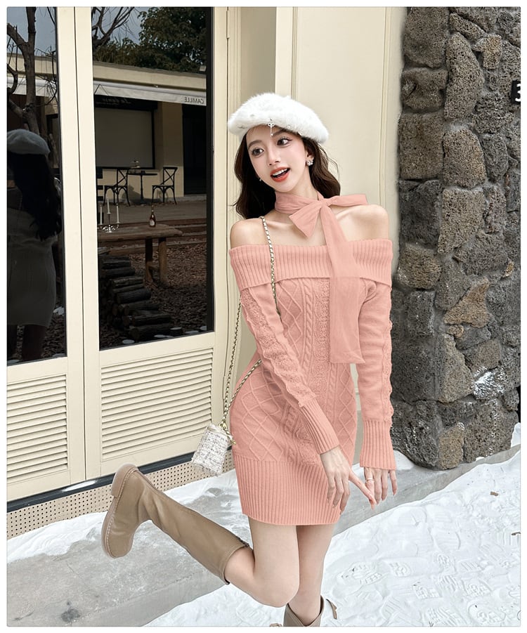 dress】リボンオフショルニットワンピース N2855 | nanastyle