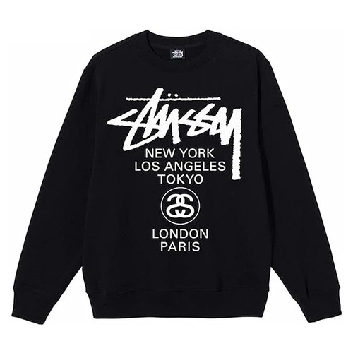 ステューシー スウェットトレーナー STUSSY WORLD TOUR CREW BLACK [並行輸入]