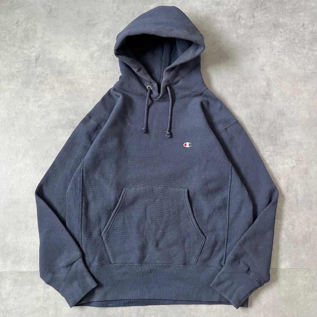 チャンピオン リバースウィーブ パーカー 古着 ロゴ 刺繍 L 紺 17980