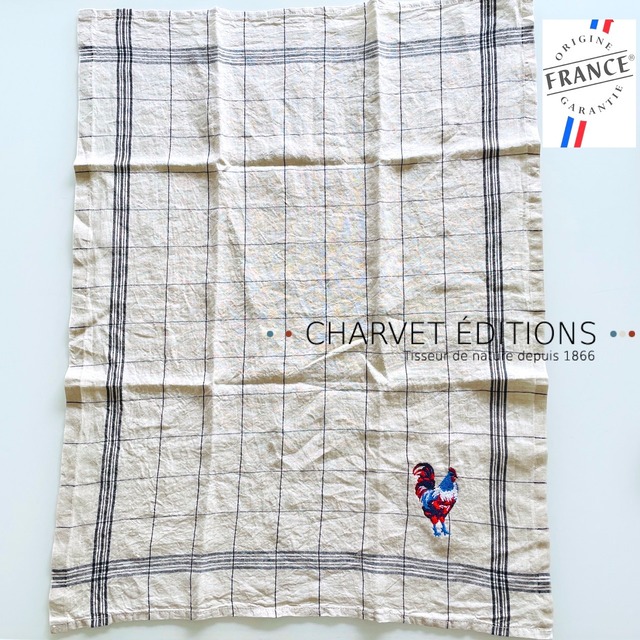 「ビストロ・BBRにわとり刺繍入り」シャルべエディション 麻100％ CHARVET EDITIONS 茶生地 鶏 ビストロ・シリーズ リネンクロス 格子柄 ふきん ティータオル 高品質 高級