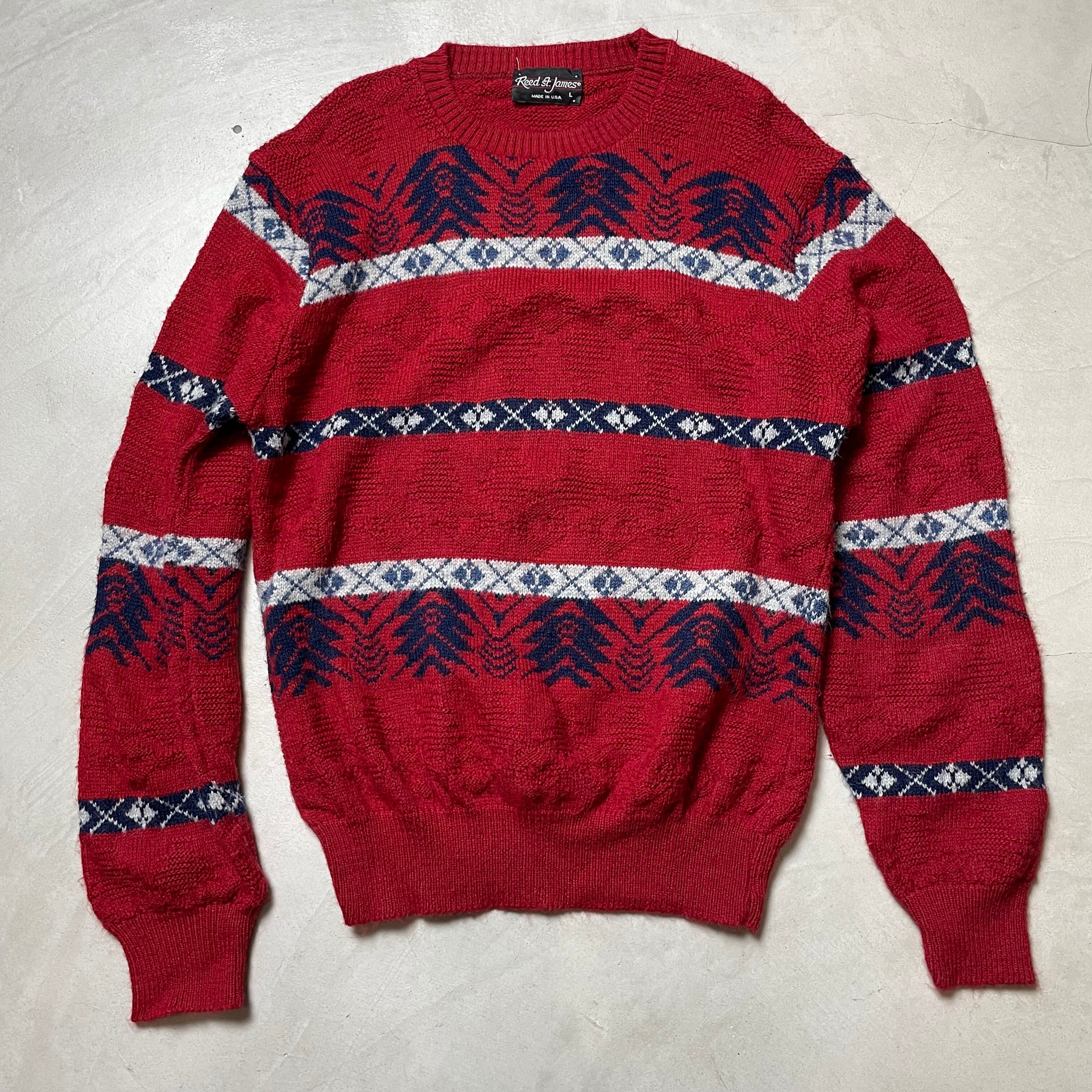 フェアアイル柄 USA製 セーター メンズL 古着 総柄 えんじ レッド 赤【ニットセーター】