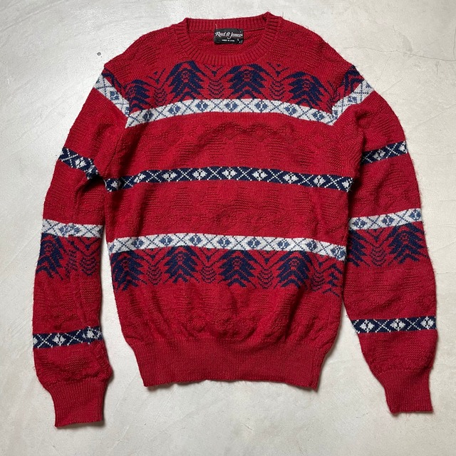 フェアアイル柄 USA製 セーター メンズL 古着 総柄 えんじ レッド 赤【ニットセーター】