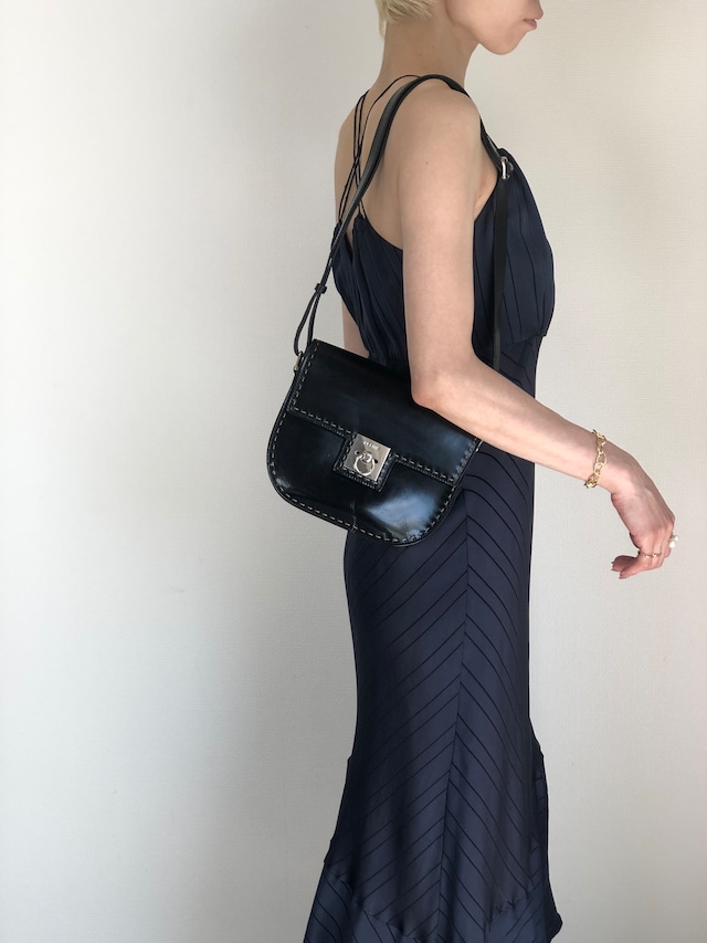 CELINE セリーヌ ショルダーバッグ ブラック シルバー ガンチーニ レザー vintage ヴィンテージ オールド ni2xww