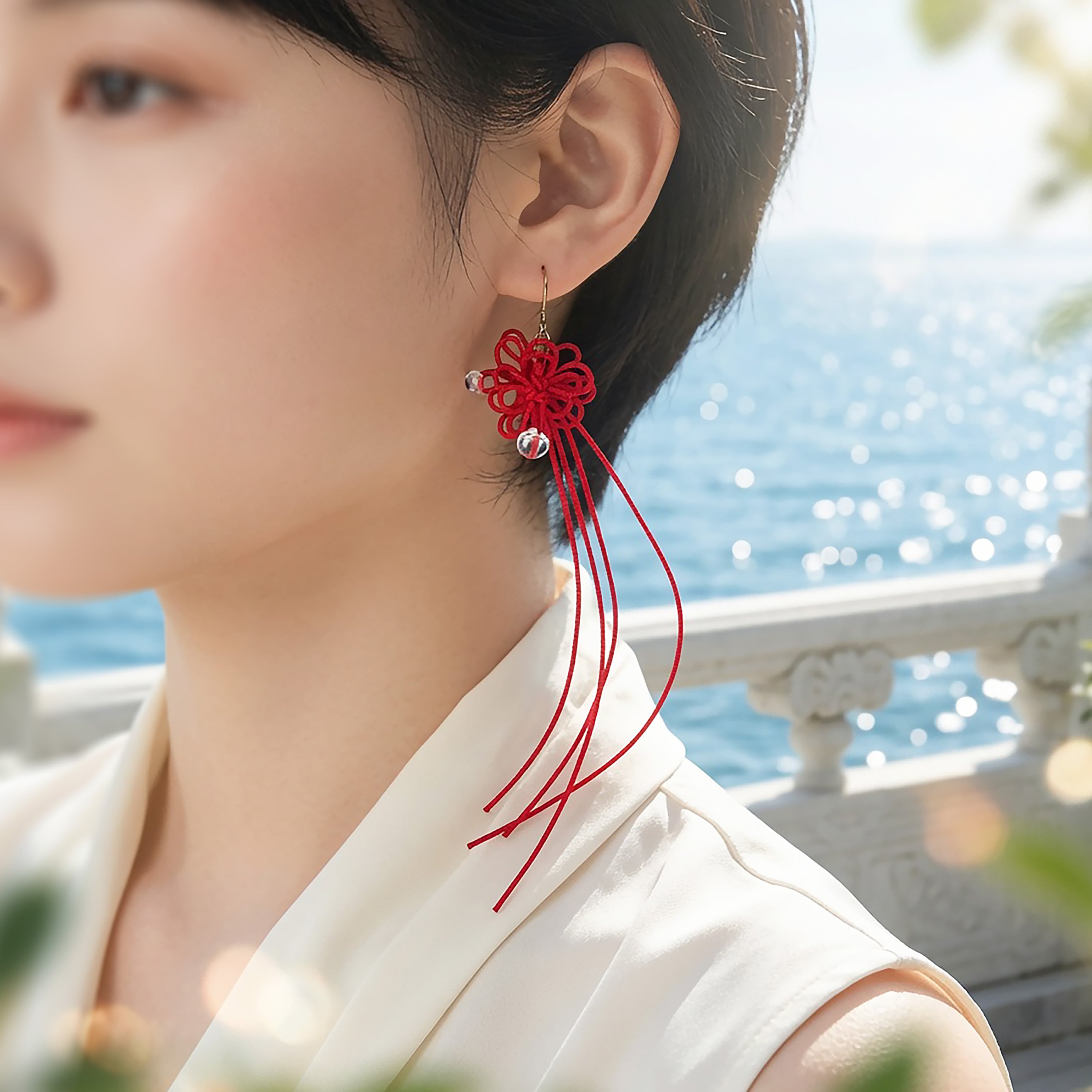 【新作】飾り結び+アクリルビーズピアス「リリウタカタ」 | 浴衣・着物・普段使いにも。
