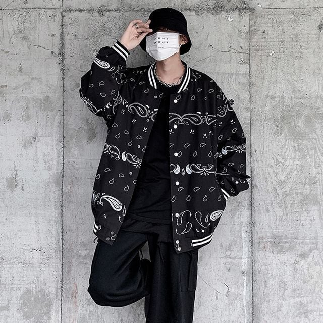 【予約販売】ブルゾン アウター ショート丈 メンズ ペイズリー柄 総柄 ブラック グレー お洒落 こなれ感 ベーシック 秋 春 大きいサイズ S/M/L/XL/2XL