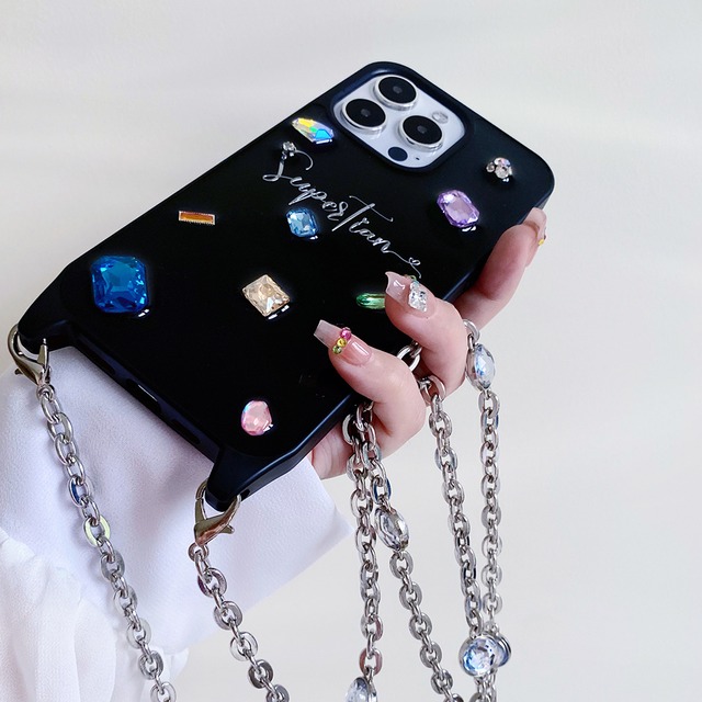 チェーンショルダー 名前入り ビジュー クリアケース  iPhoneケース ブラック イニシャル iPhone全機種対応