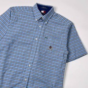 90s TOMMY HILFIGER トミー ヒルフィガー チェック BD ボタンダウン オックスフォード 半袖シャツ M/ブルー系 メンズ ビンテージ