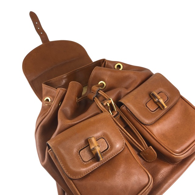 GUCCI グッチ バンブー バックパック ブラウン ターンロック レザー ダブルポケット リュック vintage ヴィンテージ オールド sdazp3