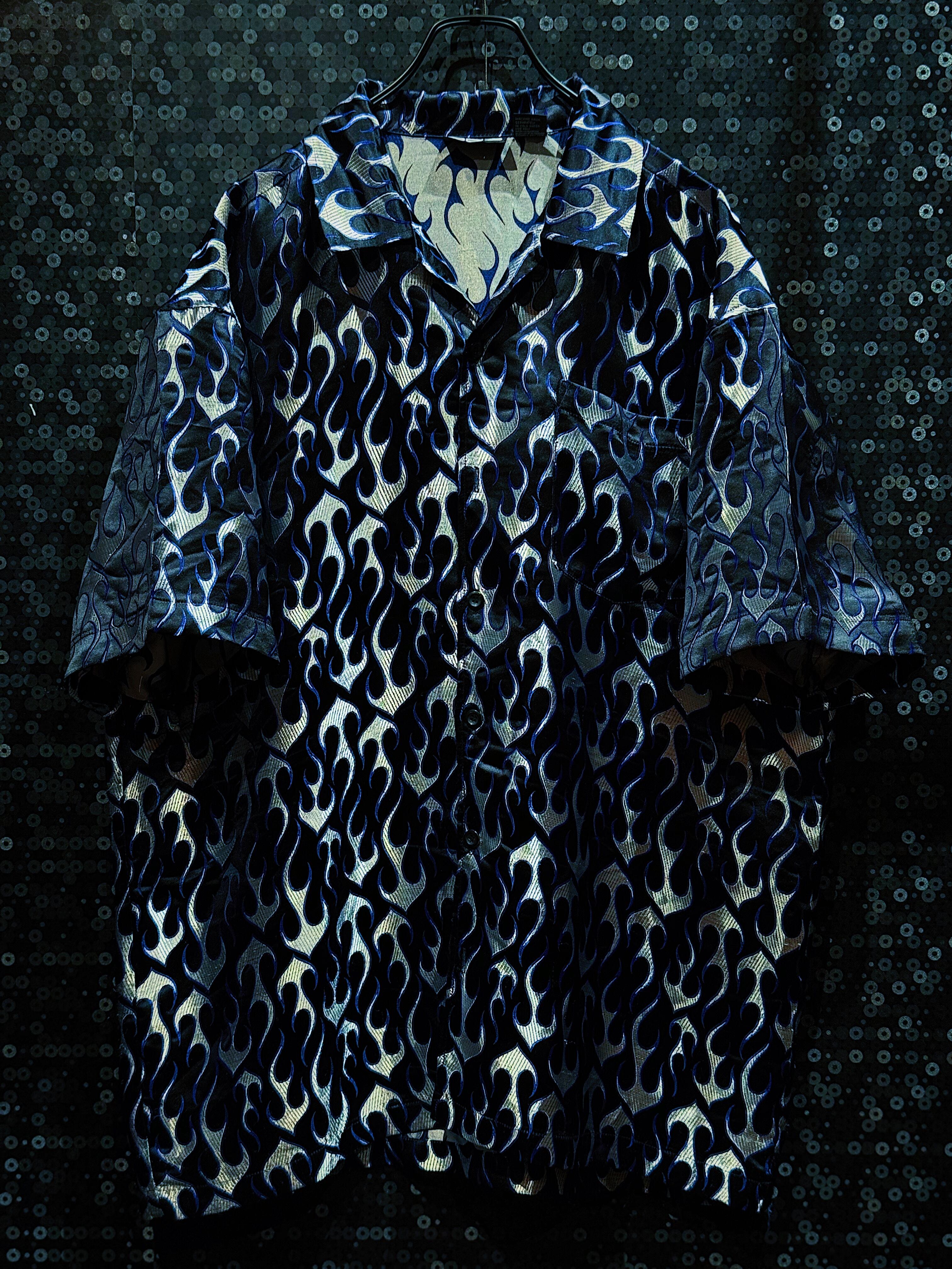 【ÆIEM】"BBO"vintage Blue and silver fire frame pattern short sleeve shirt
