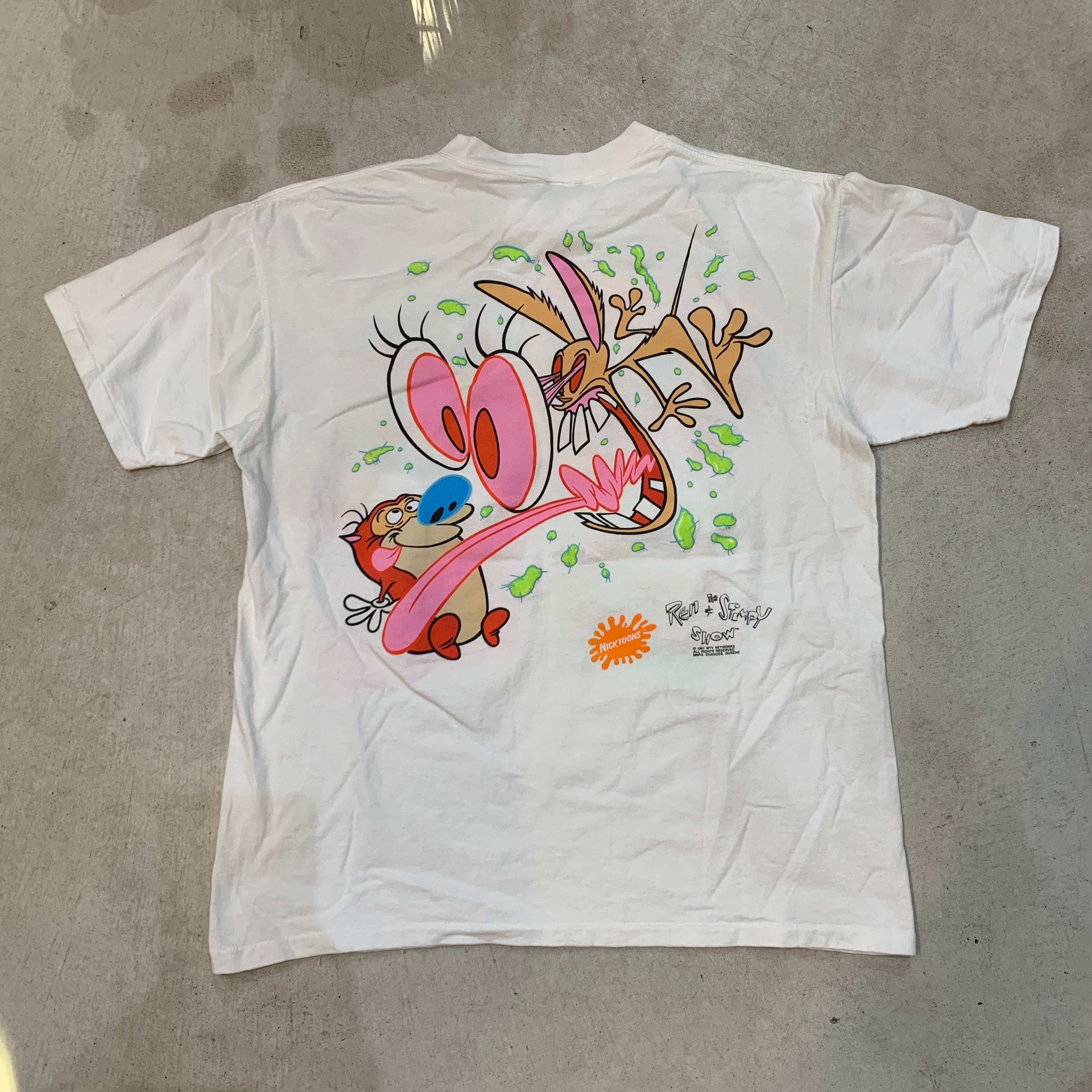 90s レン&スティンピー MTV キャラクターTシャツ アニメ 白 XL相当