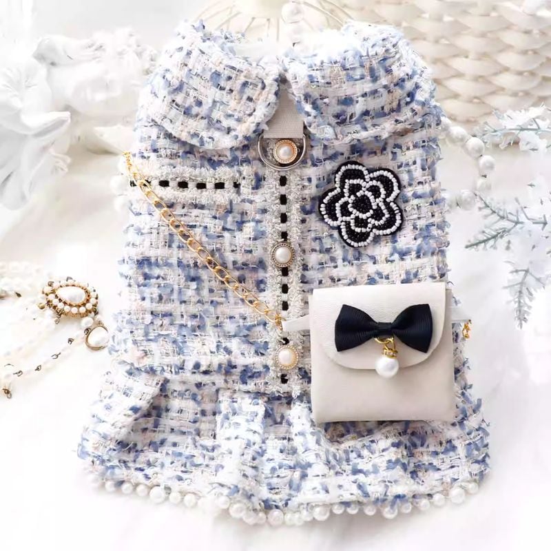 ポシェット付ブルーツイードのワンピース 犬服 00989