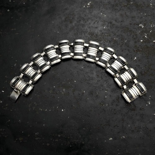 Vintage Mexican Stone Silver Bracelet [1960s~ MEXICO TAXCO SILVER & Onyx] Square Inlay Design