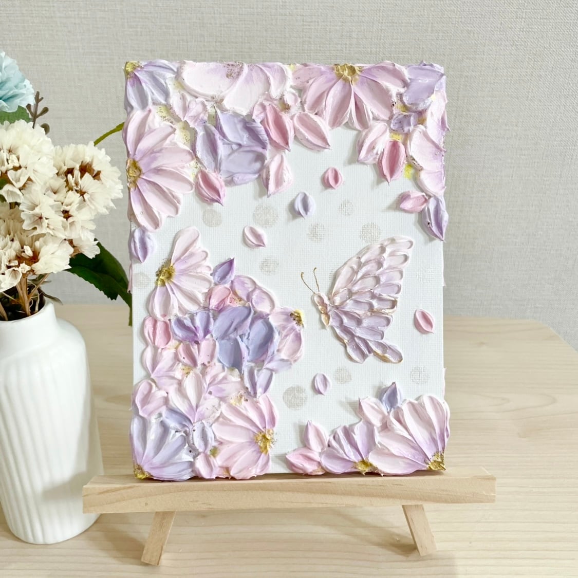 ひとひらのとき」18×14㎝ ピンク 花のテクスチャーアート 春色