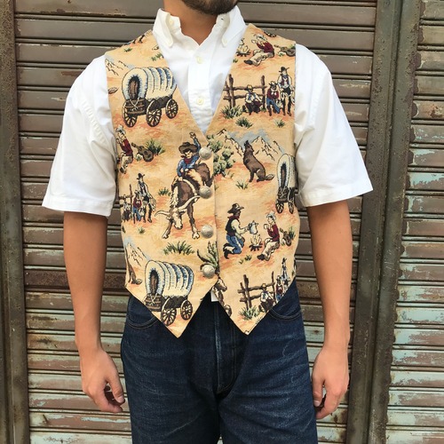 希少 USA H.RAVI カウボーイ 刺繍 ベストジレ リバティー コンチョボタン ヴィンテージ ジレベスト スーツ バックルバック Cowboy Lサイズ