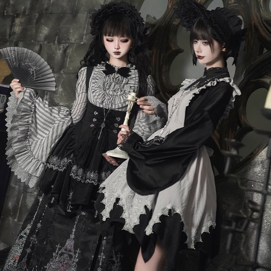ゴスロリ 5点セット 漢洋折衷 大袖ブラウス×ロングスカート 黒白