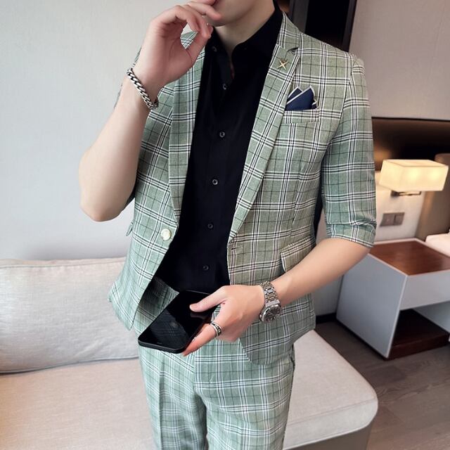 予約販売】2点セット スーツ メンズ セットアップ 五分袖 ジャケット