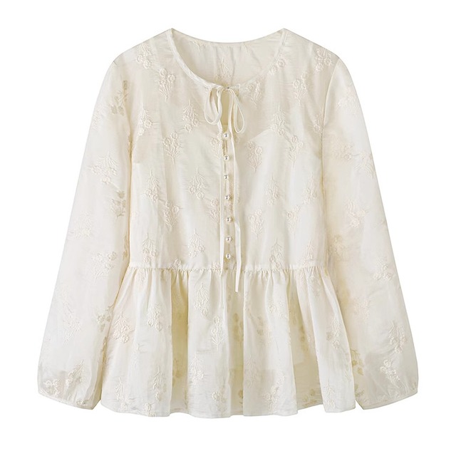 パールボタン 刺繍 ランタンスリーブ トップス 24185