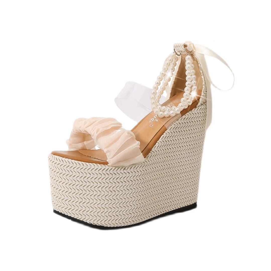 《選べるヒール高さ》パールアンクルフェミニンウェッジソールサンダル【10cm/12cm/15cm】