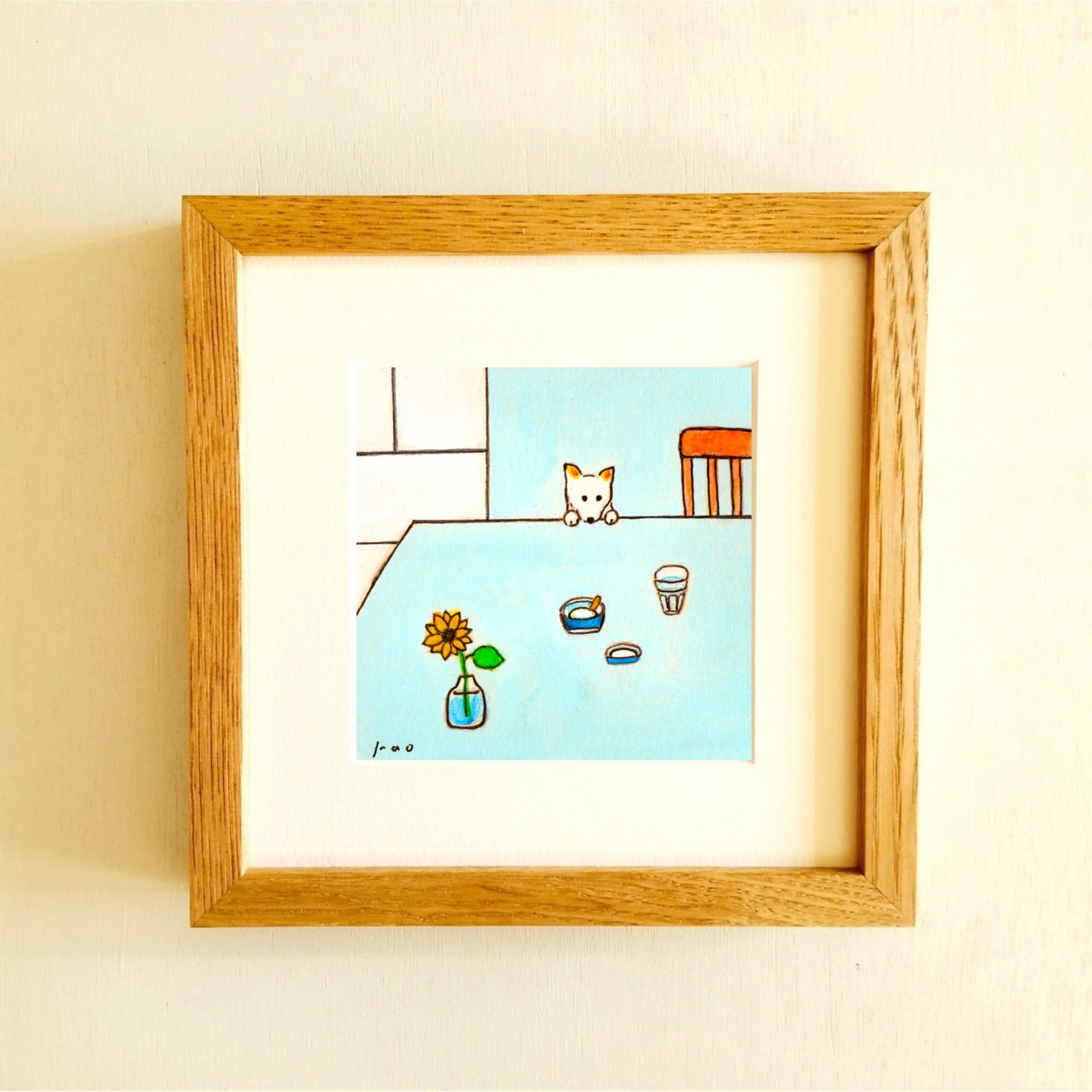 原画・イラスト】「バニラアイス」 ※木製額縁入り（18㎝角）犬の絵
