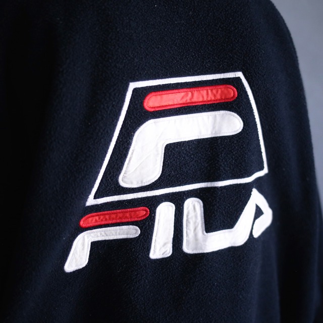 "FILA" over silhouette front and back logo embroidery half-zip fleece pullover