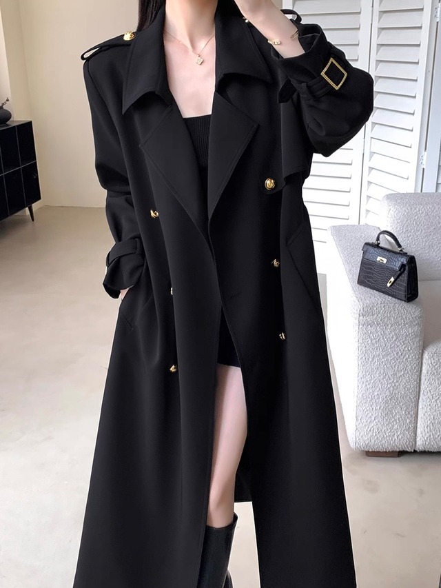 gold button double breasted long trench coat.1149