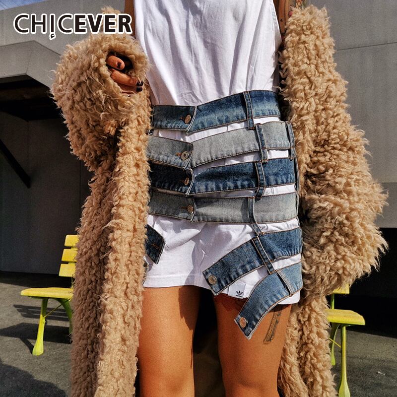 CHICEVERパッチワークデニムスカート女性ウエストホローアウトアシンメトリールースブルースカート2020服 6base592087395181