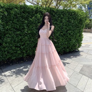 ロングワンピース レディース キャミワンピース レース フリル ティアード ハイウエスト 体型カバー フェミニン 清楚感 夏 お出かけDQ2-XKD-D326-8025A-Apr1