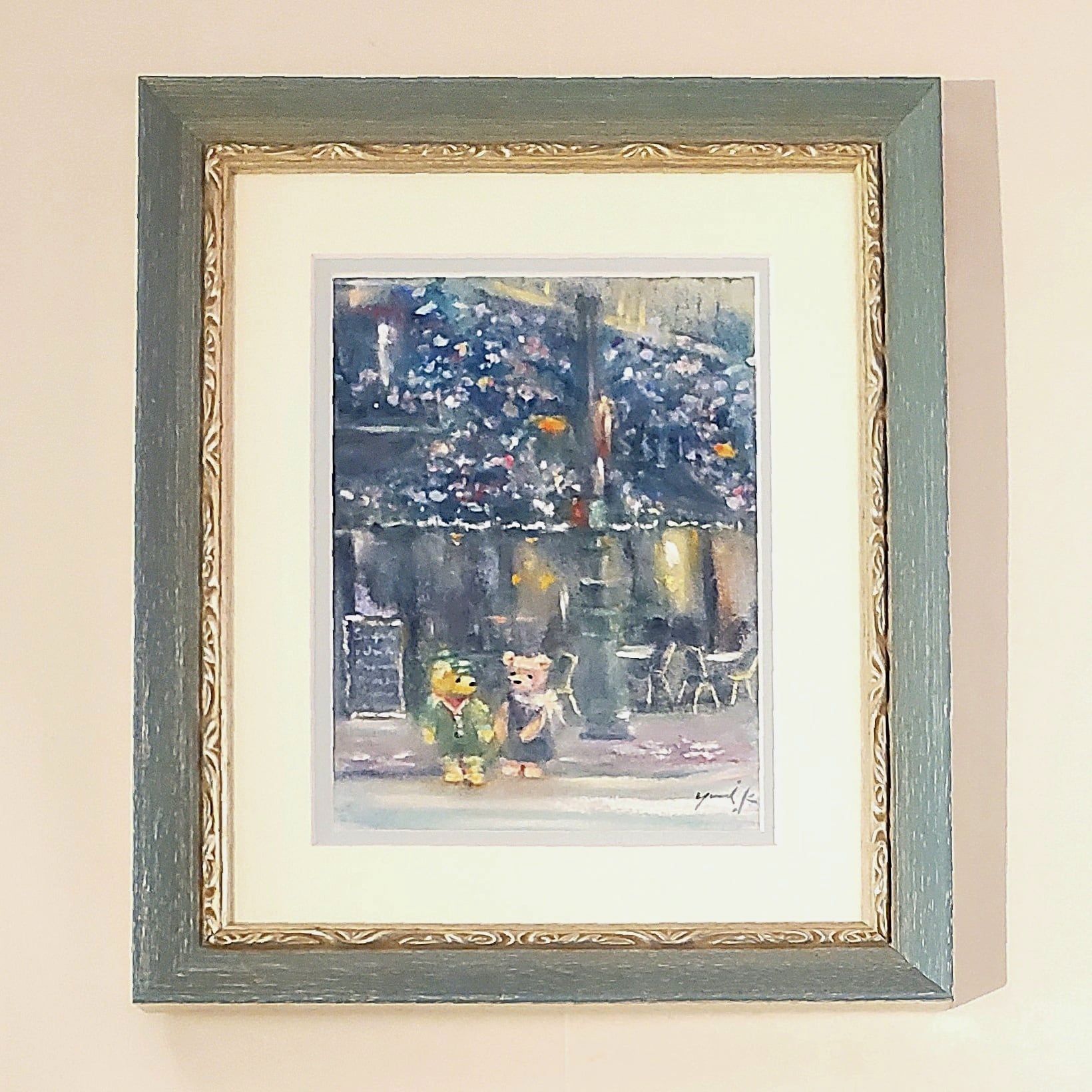 絵画 ｢Rendezvous in Blue｣ 18×13cm 額付 水彩/パステル Yumi Kohnoura
