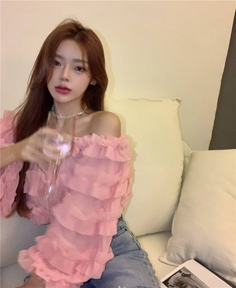 Tシャツ スプリングサマーワンショルダールーズスタイルトップス ロング ピンク 春物 夏物 ブラックストロベリース89673115855