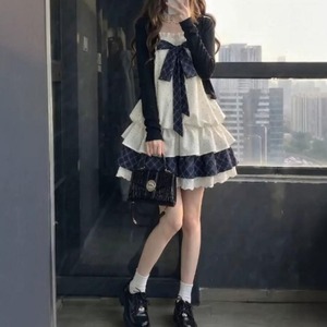 【2点セット】ショートカーデ＋切替チェックティアードリボンキャミワンピ ・79032