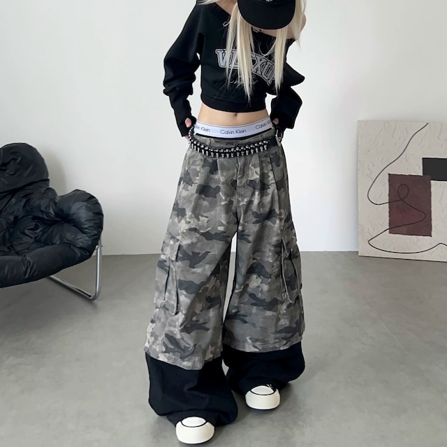カモフラパターンパネルヘムボリュームカーゴパンツ 1col R02914