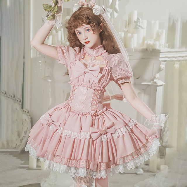 スウィート オリジナル Lolita リボン ロリータ 半袖 蝶結び ピンク S M L ワンピース73327566