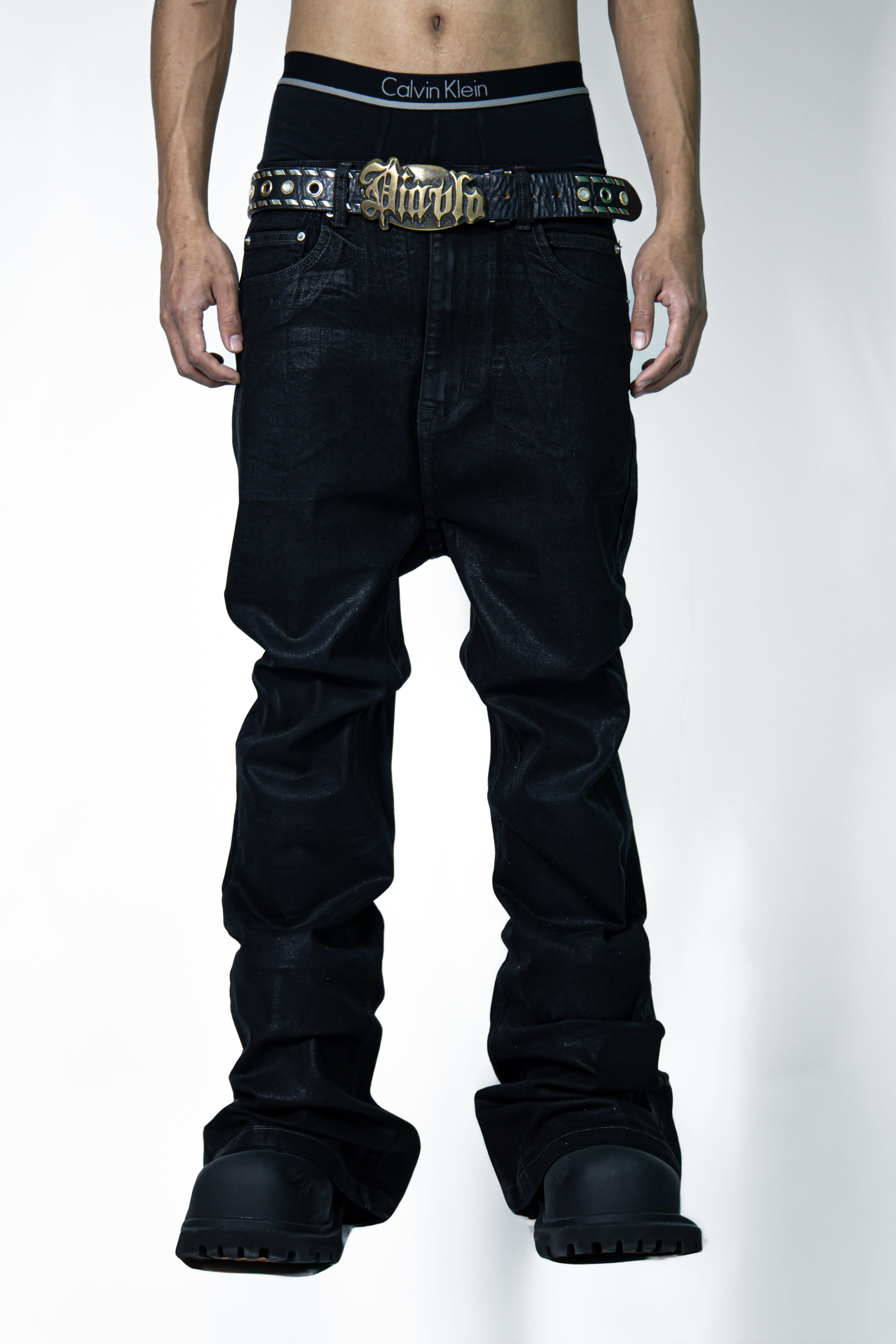 Flared cross coating denim pants | saintgoat