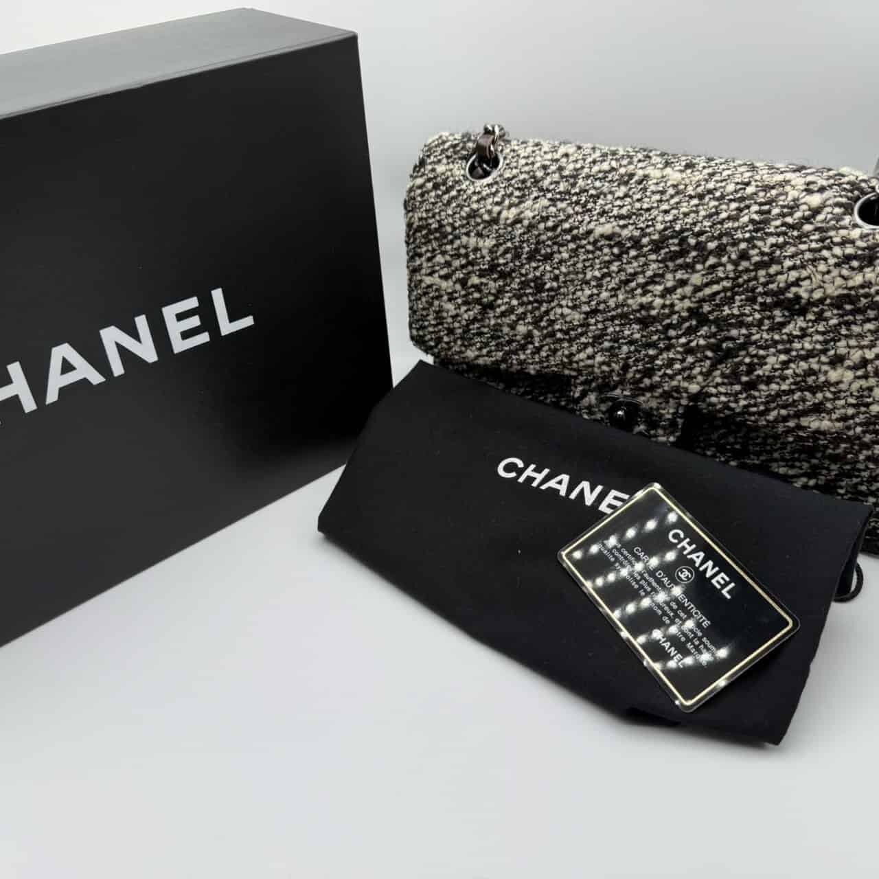 CHANEL / シャネル | ツイード レザー ココマーク Wフラップ チェーン ショルダーバッグ | ブラック/ホワイト/グレー | レディース CHANEL / シャネル | ツイード レザー ココマーク Wフラップ チェーン