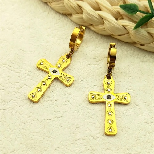 ピアス  ラインストーン 黒 ブラック ステンレス ビンテージ ゴールド クロス 揺れる レディース メンズ ボヘミアン 悪