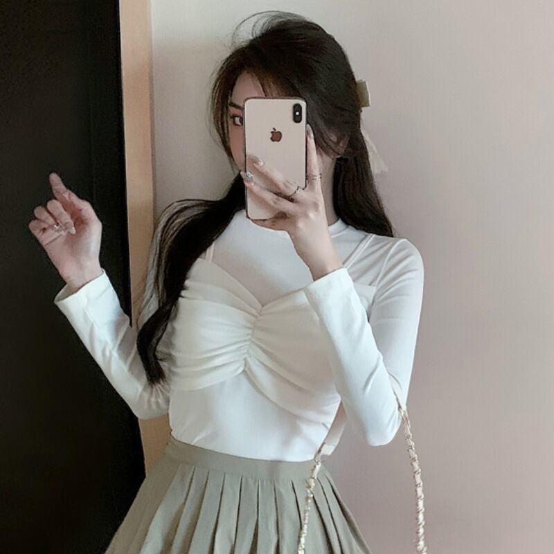 ラウンドネックTシャツ シャツ オータムスリム ロング 秋物 Oネック ハンチェンe85116396408