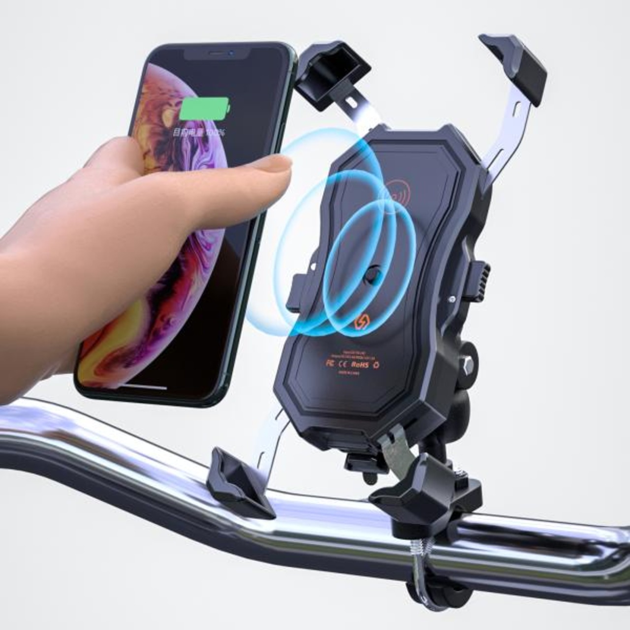 Formosa Japan IP65防水 スマホホルダー 充電 USBポート付き 無線Qi対応 二輪 バイク 原付 ハンドル ミラー 両方取付可能 5