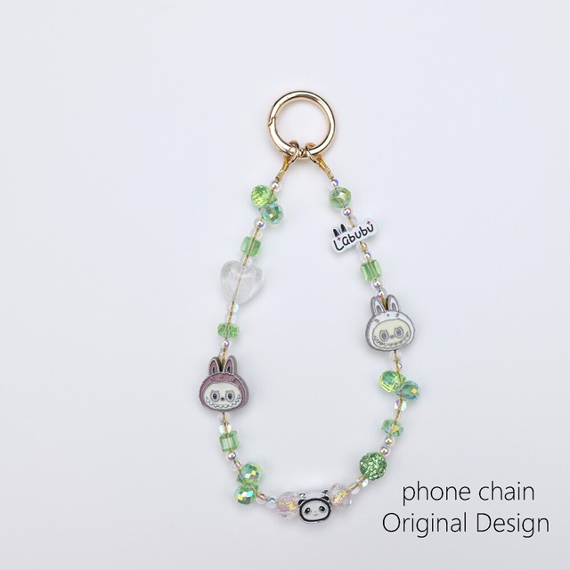 てるてるパンダ！Labubu ラブブ パンダ グリーン 清新 ストラップ 合金製 多機能 キーホルダー/ポーチチャーム/ブレスレット 水晶アクセ付き