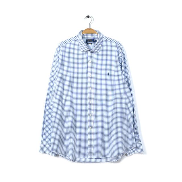 RALPH LAUREN ラルフローレン チェック柄 白青 ワイドスプレッドシャツ POLO 長袖シャツ XL @CA0991