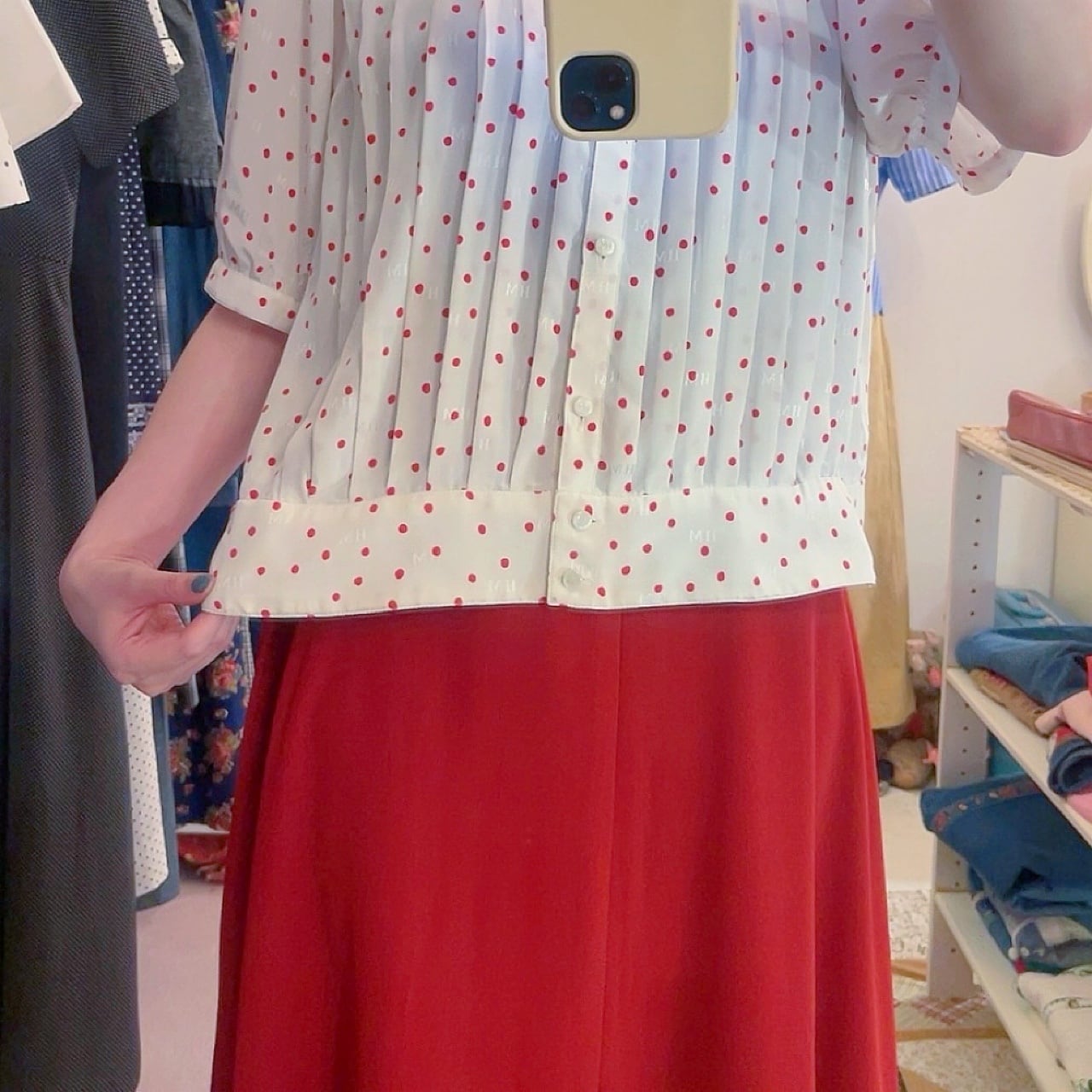 red dot pleats white blouse