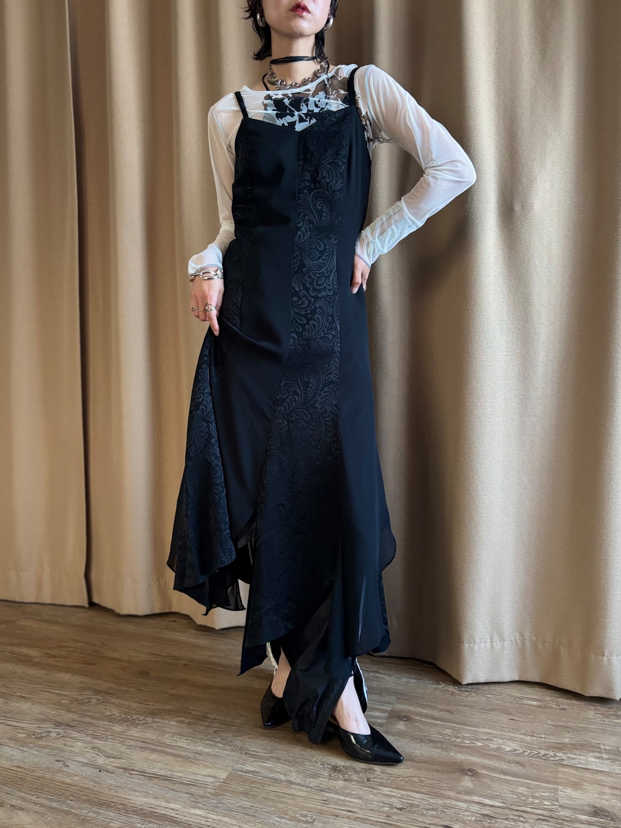jacquard & sheer docking black dress-5243-5
