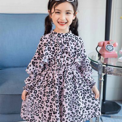 ママサイズ有 レオパード 柄 シフォン ワンピ 110 150cm ママサイズ 首つまり ネック ウエスト フレア ワンピース 19s S 長袖 春服 韓国 子供服 P051 A Dear Child