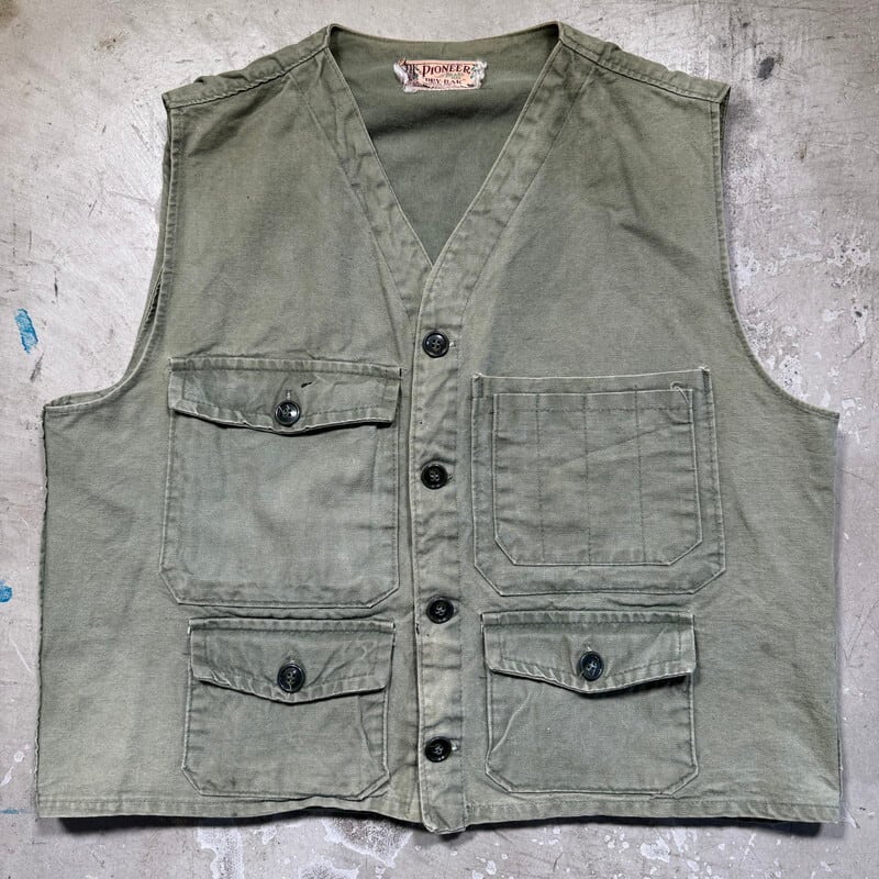 50's PIONEER BRAND DRY-BAK ダックハンティングベスト オリーブグリーン ガチャポケ CANADA アウトドア M相当 希少 ヴィンテージ BA-2543 RM2962H