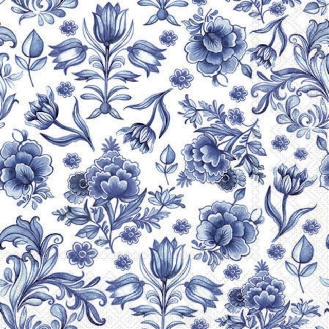 2024春夏【Ambiente】バラ売り2枚 ランチサイズ ペーパーナプキン Delft Blue flowers ホワイト