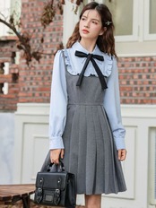 【0126】Pleated Skirt Girly Ribbon Long Sleeve Dress