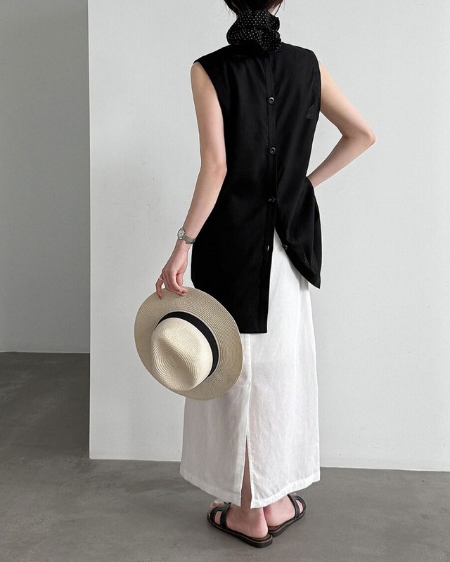 バックボタンラウンドネックロングシャツ 2color A1039
