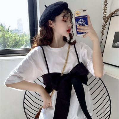 白レース付き黒アクセサリー付き半袖トップス2点セット新品タグ付L セットアップ ビスチェ Tシャツ 2点セット トップス キャミソール 白